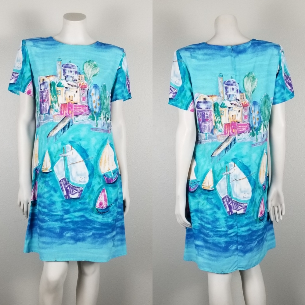 Vintage Blue Ocean Pier Scene Nautical Painted Look Shift Dress Size 6